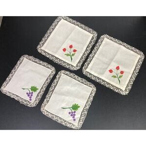 Vintage Small Table Topper Linens Square Purple Grapes Red Flowers Crochet Edge